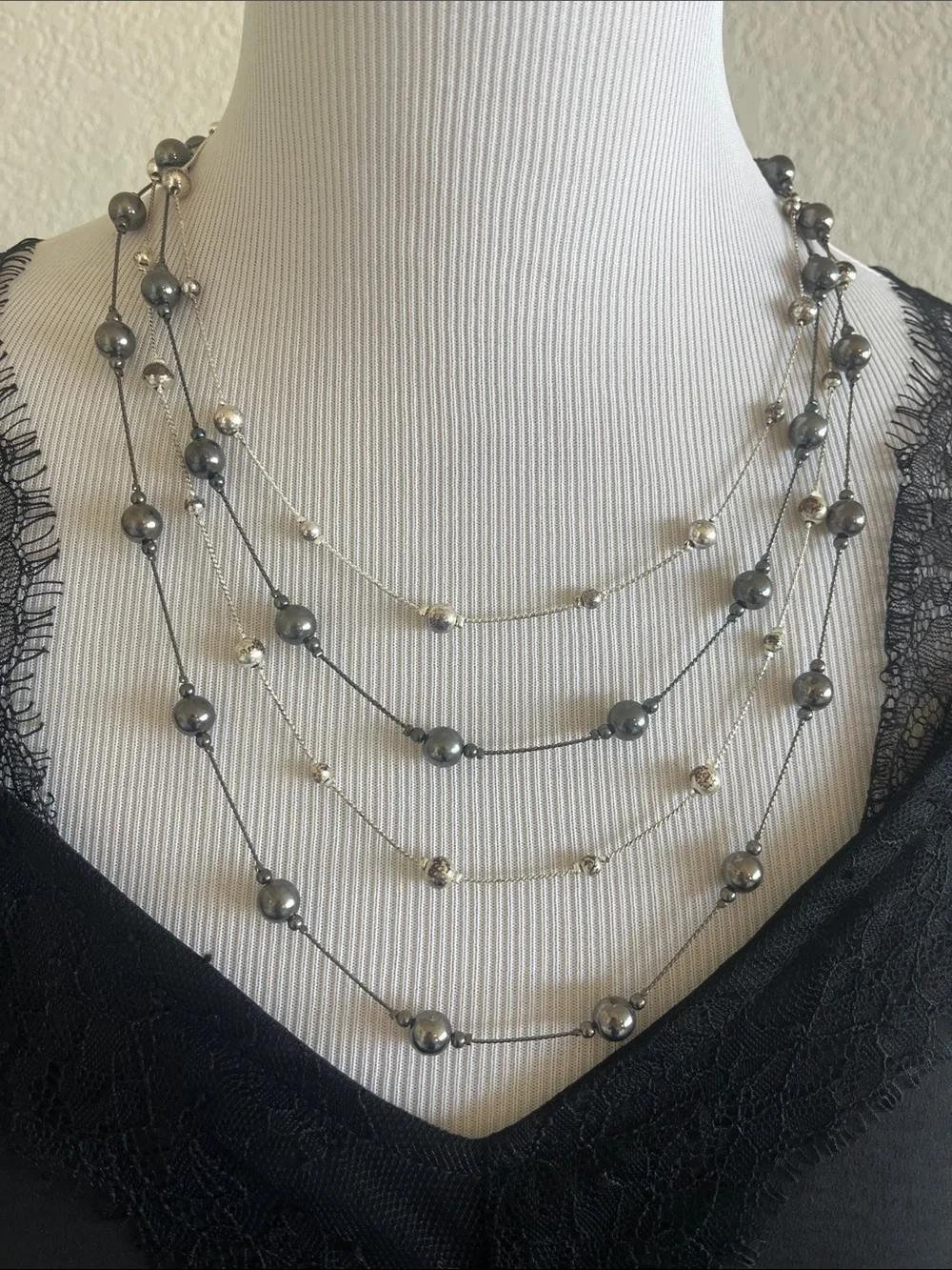Multi-Strand Hematite and Silver Bead Necklace - Women Jewelry